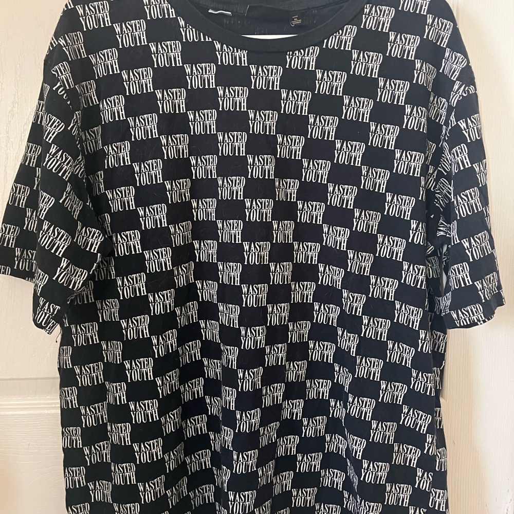 Wesc Black Tee with All-Over White 'Wasted Youth' Print